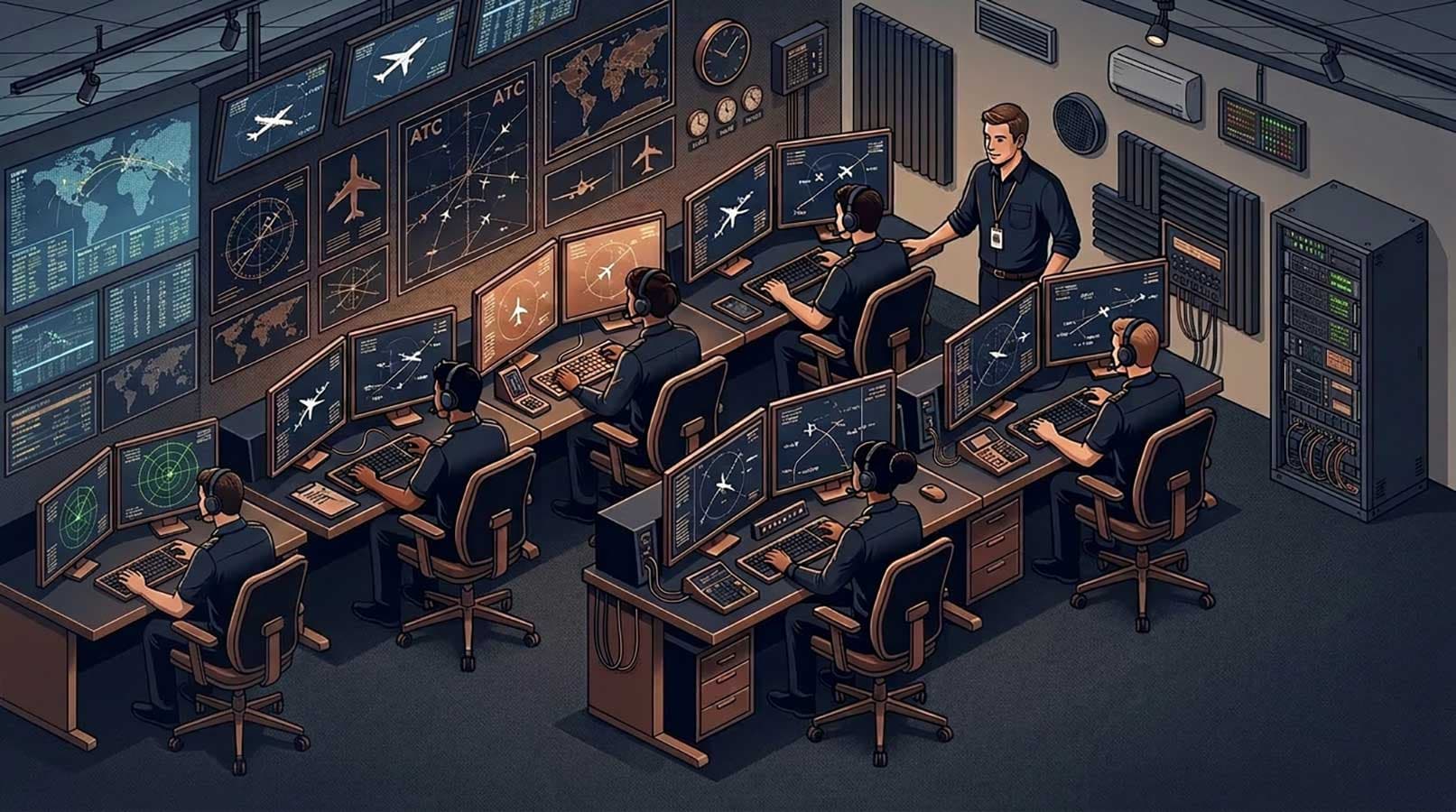 Air traffic controllers at a radar workstation
